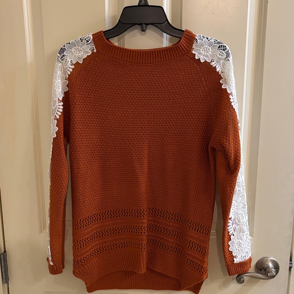 Listicle Burnt Orange Sweater with White Lace Accents